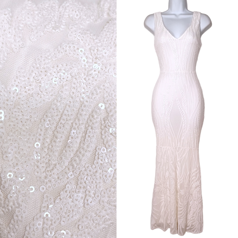 SANDY DELLORE White Sequin Snow Queen Sleeveless Mermaid Maxi Dress Small NWT